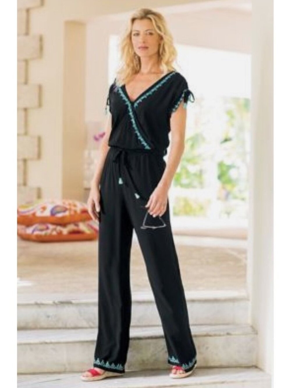 Soft Surroundings Baja Jumpsuit Women’s Medium Petite Black Turquoise Embroidery